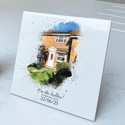 Personalised New Home / House Watercolour Style Artwork on Mounted Ceramic Tile
