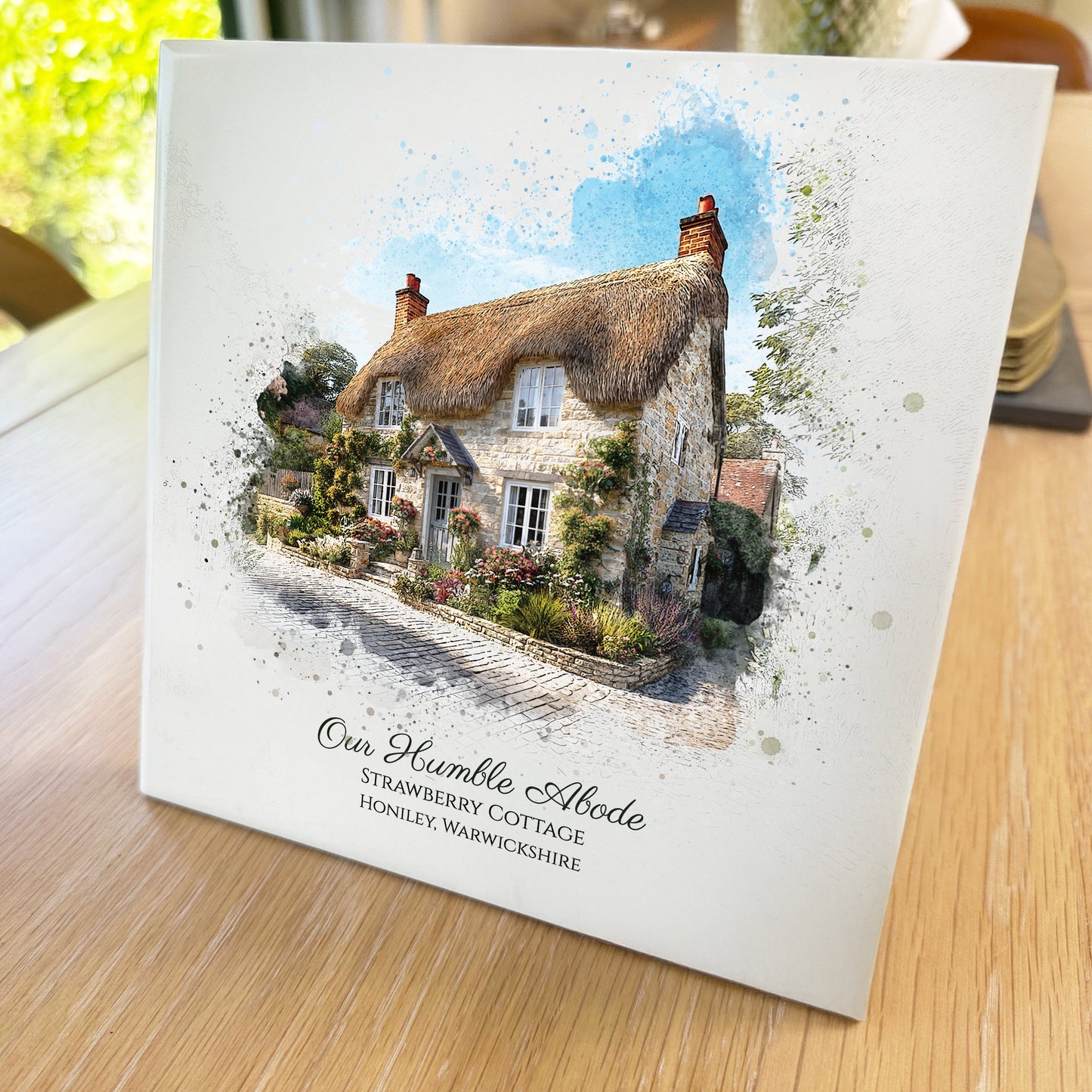 Personalised New Home / House Watercolour Style Artwork on Mounted Ceramic Tile