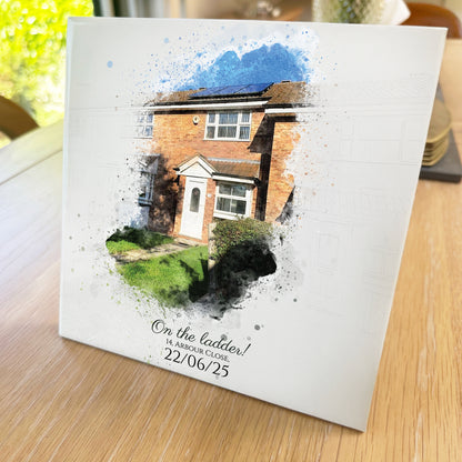 Personalised New Home / House Watercolour Style Artwork on Mounted Ceramic Tile