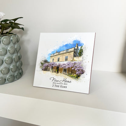Personalised New Home / House Watercolour Style Artwork on Mounted Ceramic Tile