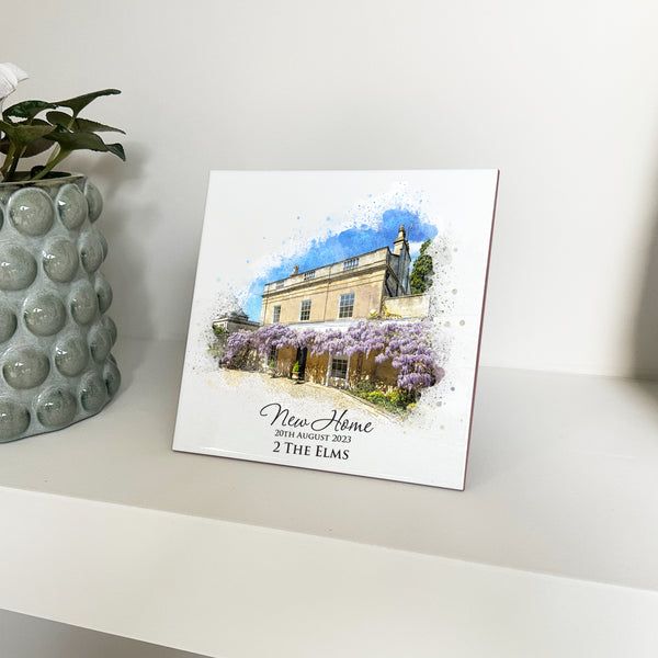 Personalised New Home / House Watercolour Style Artwork on Mounted Ceramic Tile
