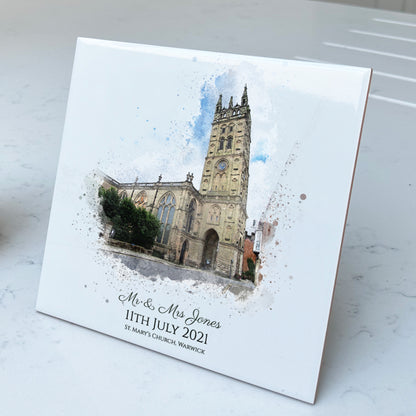 Personalised Wedding Venue / Anniversary Watercolour Style Artwork on Mounted Ceramic Tile