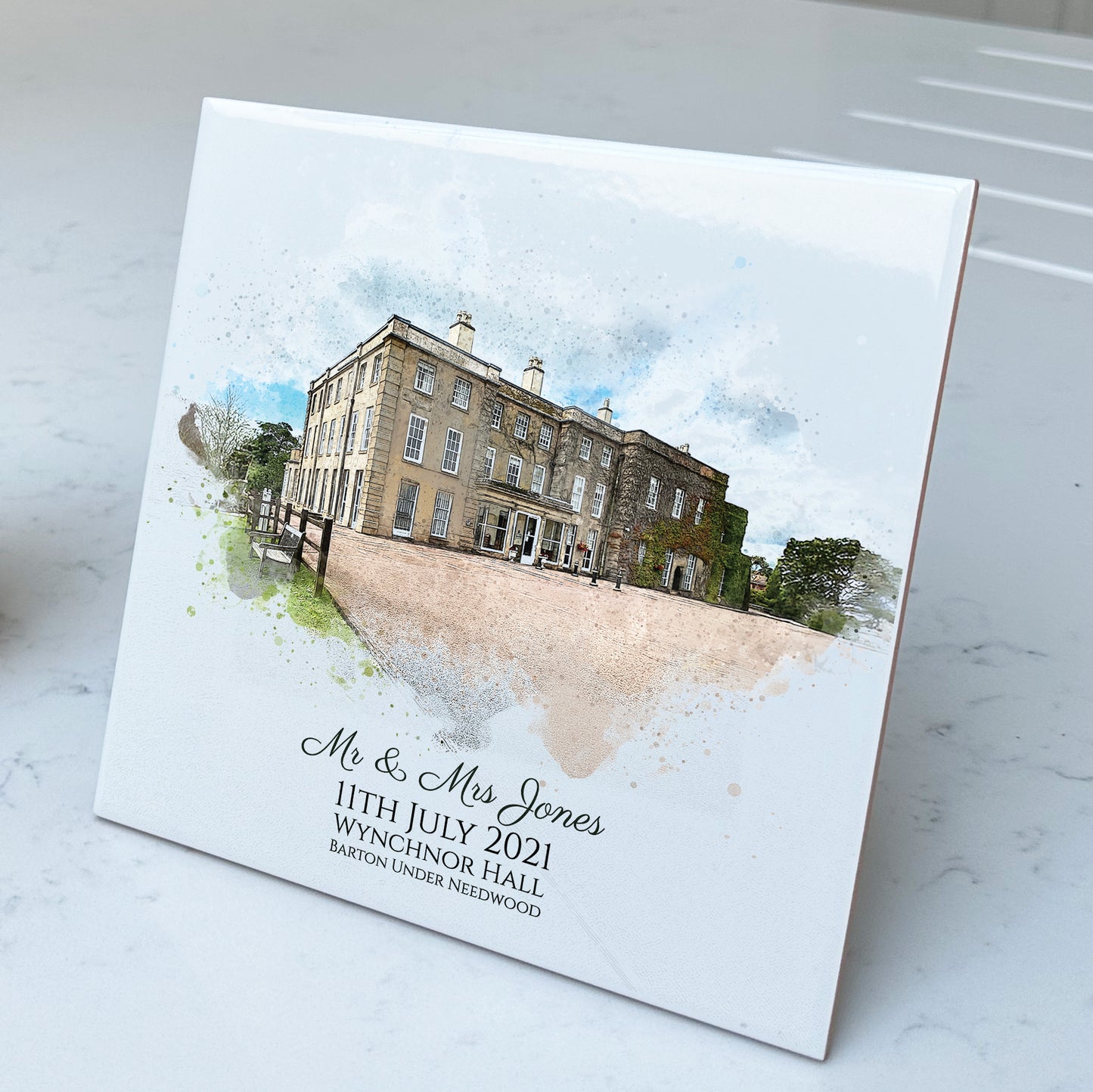 Personalised Wedding Venue / Anniversary Watercolour Style Artwork on Mounted Ceramic Tile