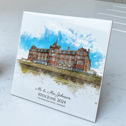 Personalised Wedding Venue / Anniversary Watercolour Style Artwork on Mounted Ceramic Tile