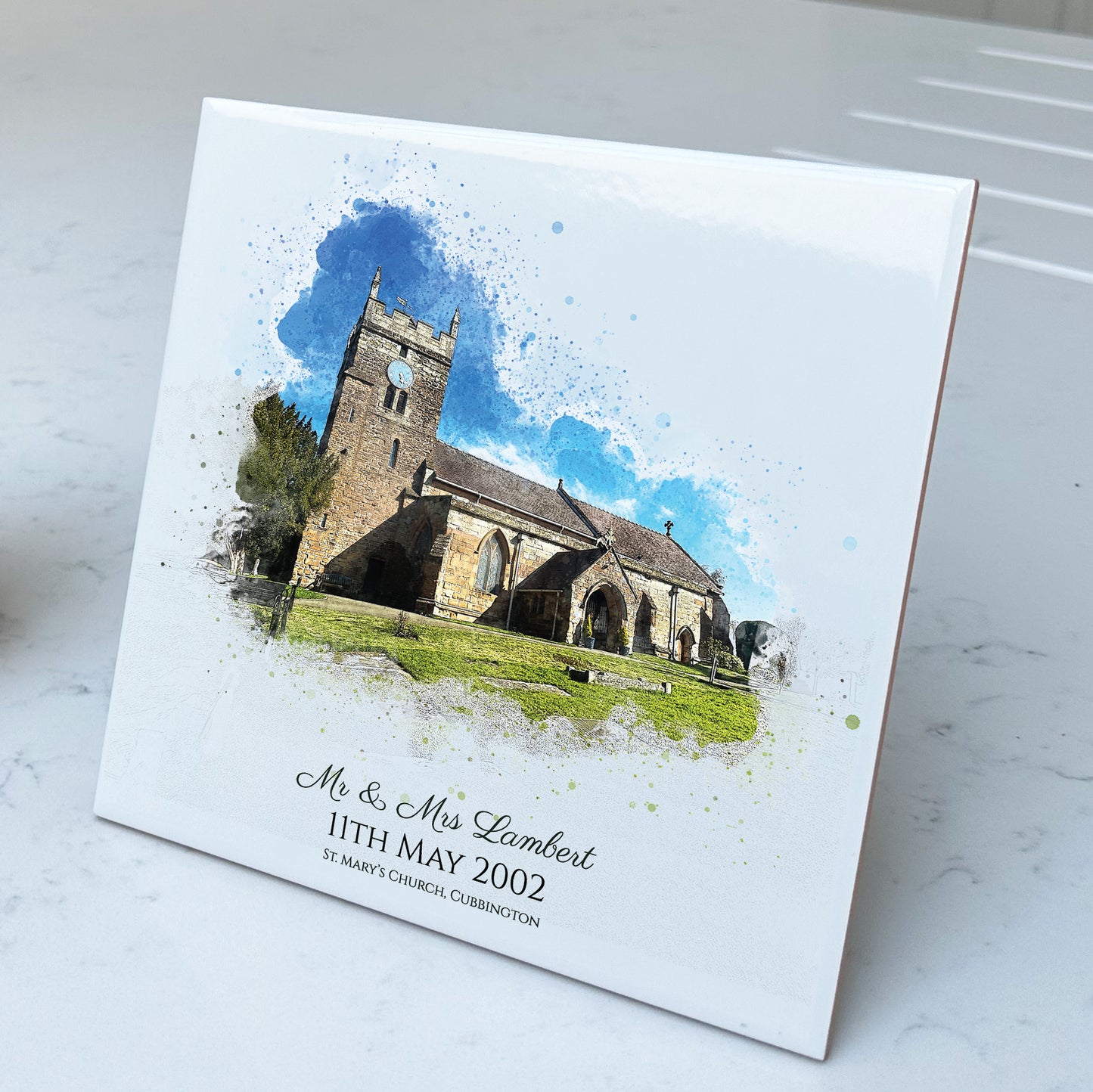 Personalised Wedding Venue / Anniversary Watercolour Style Artwork on Mounted Ceramic Tile