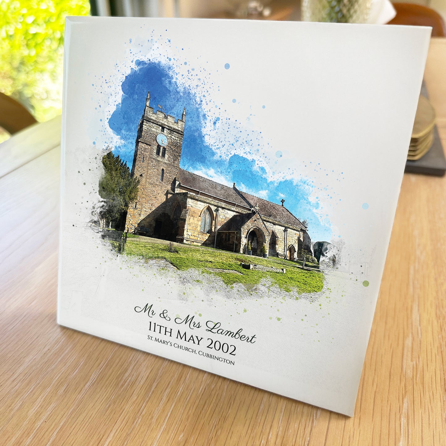Personalised Wedding Venue / Anniversary Watercolour Style Artwork on Mounted Ceramic Tile