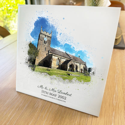 Personalised Wedding Venue / Anniversary Watercolour Style Artwork on Mounted Ceramic Tile