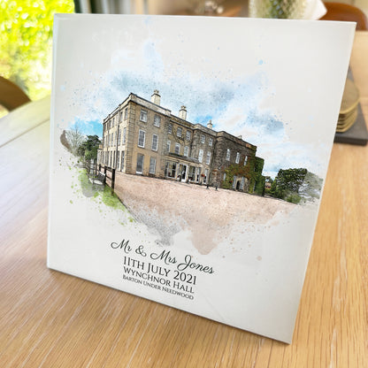 Personalised Wedding Venue / Anniversary Watercolour Style Artwork on Mounted Ceramic Tile