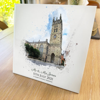 Personalised Wedding Venue / Anniversary Watercolour Style Artwork on Mounted Ceramic Tile