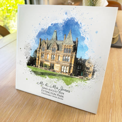 Personalised Wedding Venue / Anniversary Watercolour Style Artwork on Mounted Ceramic Tile