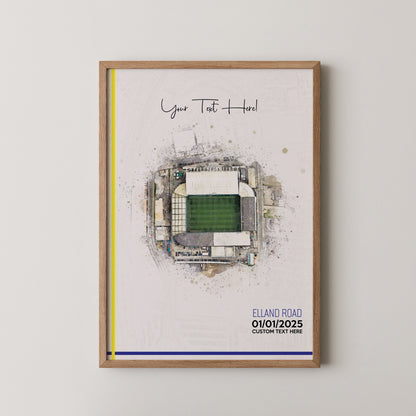 Leeds United, 'Elland Road' Football Stadium Poster Artwork, Personalised Watercolour Art Print, Custom Aerial Layout - Framing options available ANY STADIUM Worldwide.