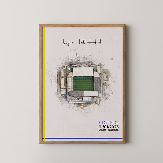 Leeds United, 'Elland Road' Football Stadium Poster Artwork, Personalised Watercolour Art Print, Custom Aerial Layout - Framing options available ANY STADIUM Worldwide.