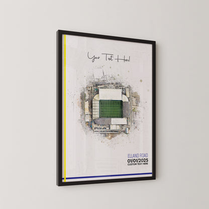 Leeds United, 'Elland Road' Football Stadium Poster Artwork, Personalised Watercolour Art Print, Custom Aerial Layout - Framing options available ANY STADIUM Worldwide.