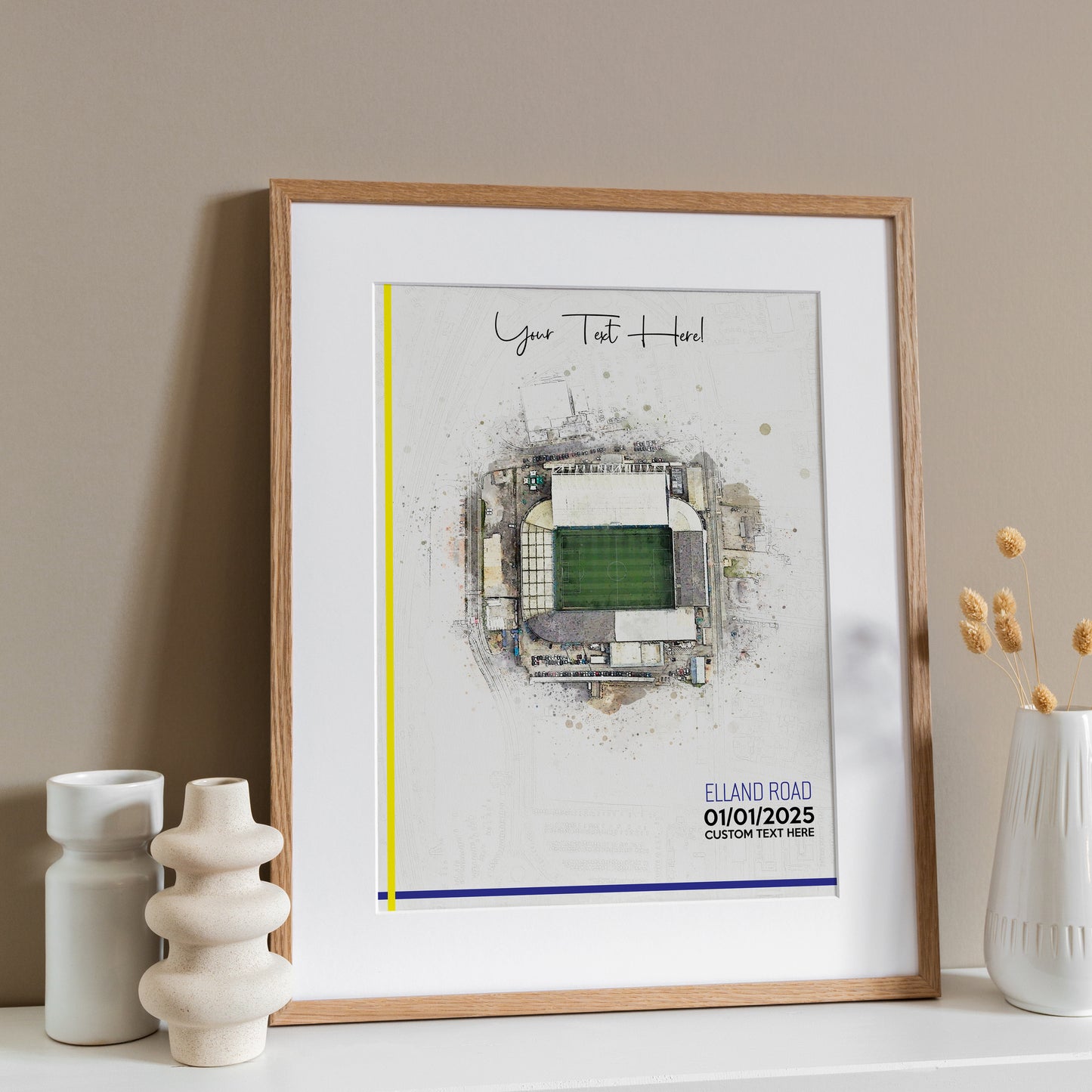 Leeds United, 'Elland Road' Football Stadium Poster Artwork, Personalised Watercolour Art Print, Custom Aerial Layout - Framing options available ANY STADIUM Worldwide.