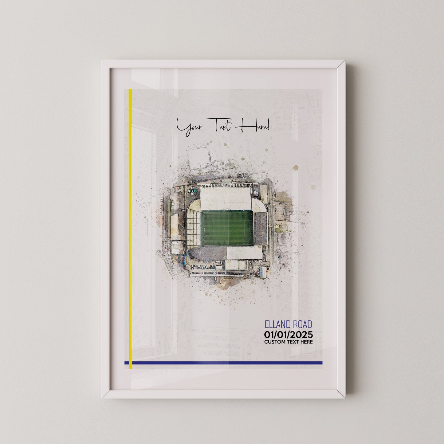 Leeds United, 'Elland Road' Football Stadium Poster Artwork, Personalised Watercolour Art Print, Custom Aerial Layout - Framing options available ANY STADIUM Worldwide.