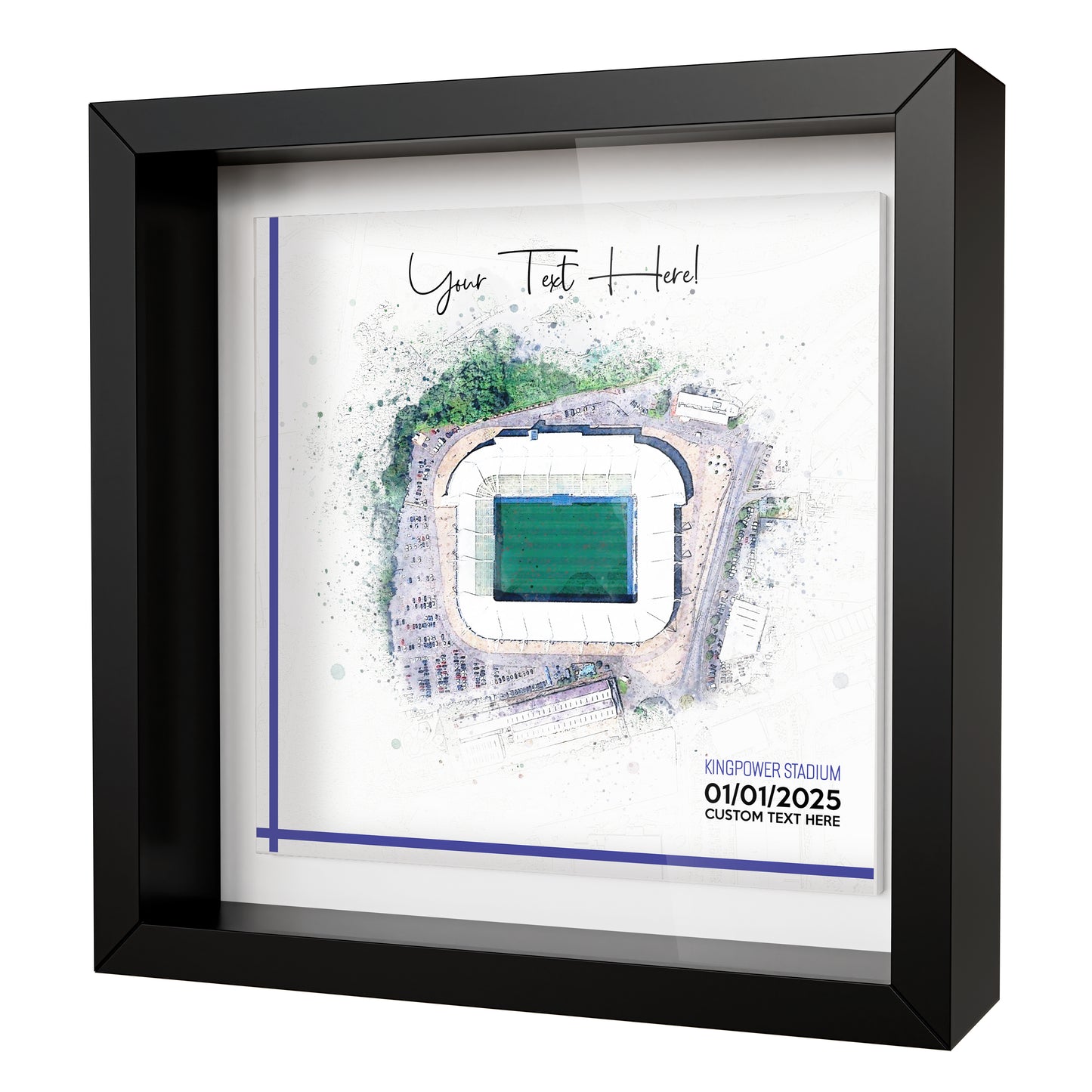 Framed Ceramic Tile Art: Personalised Football Stadium Art Print, Custom Aerial Map - ANY STADIUM Worldwide, Bespoke Text, Football Gift Keepsake