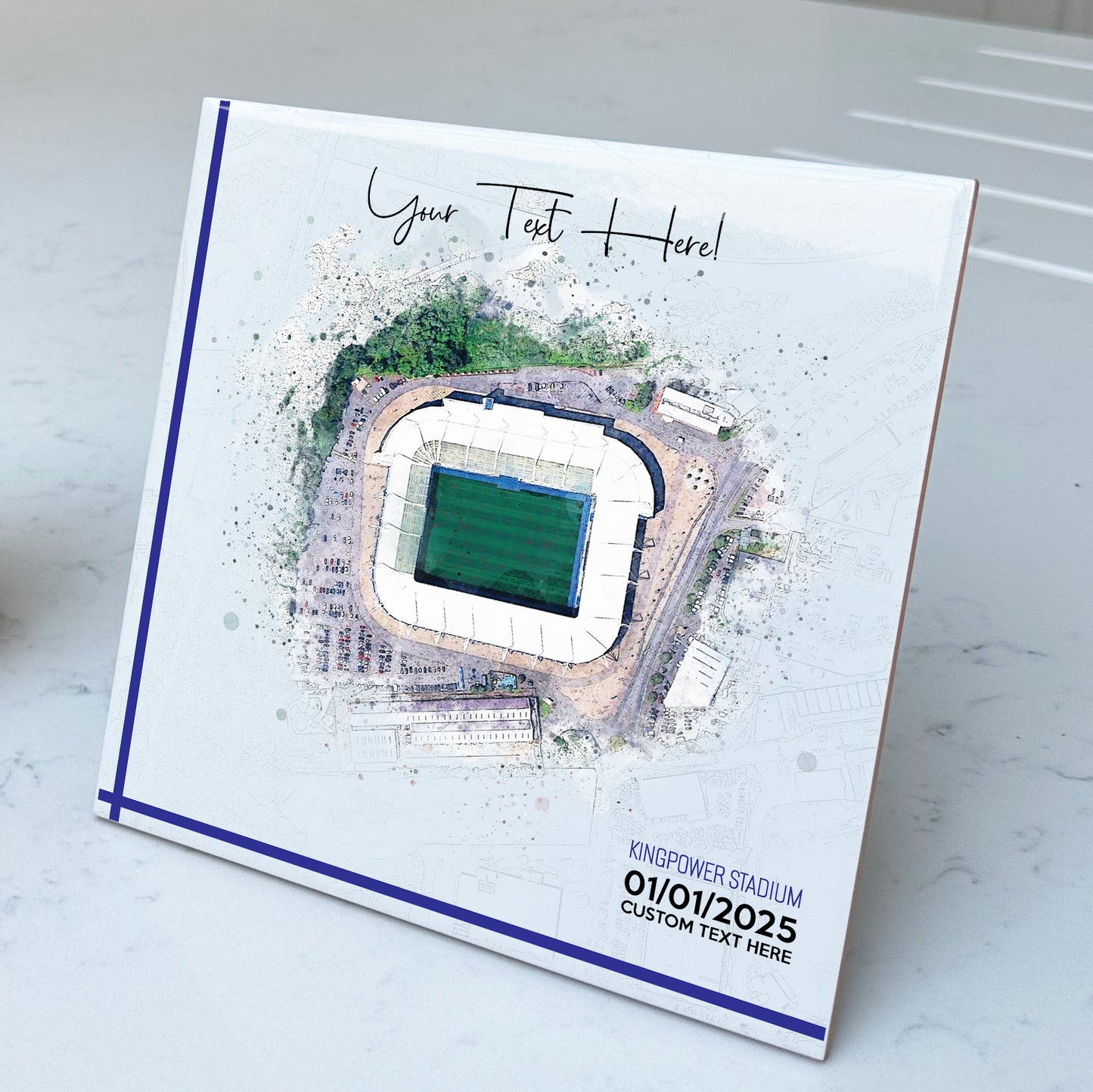 Personalised Football Stadium Aerial Watercolour Style Artwork on Mounted Ceramic Tile