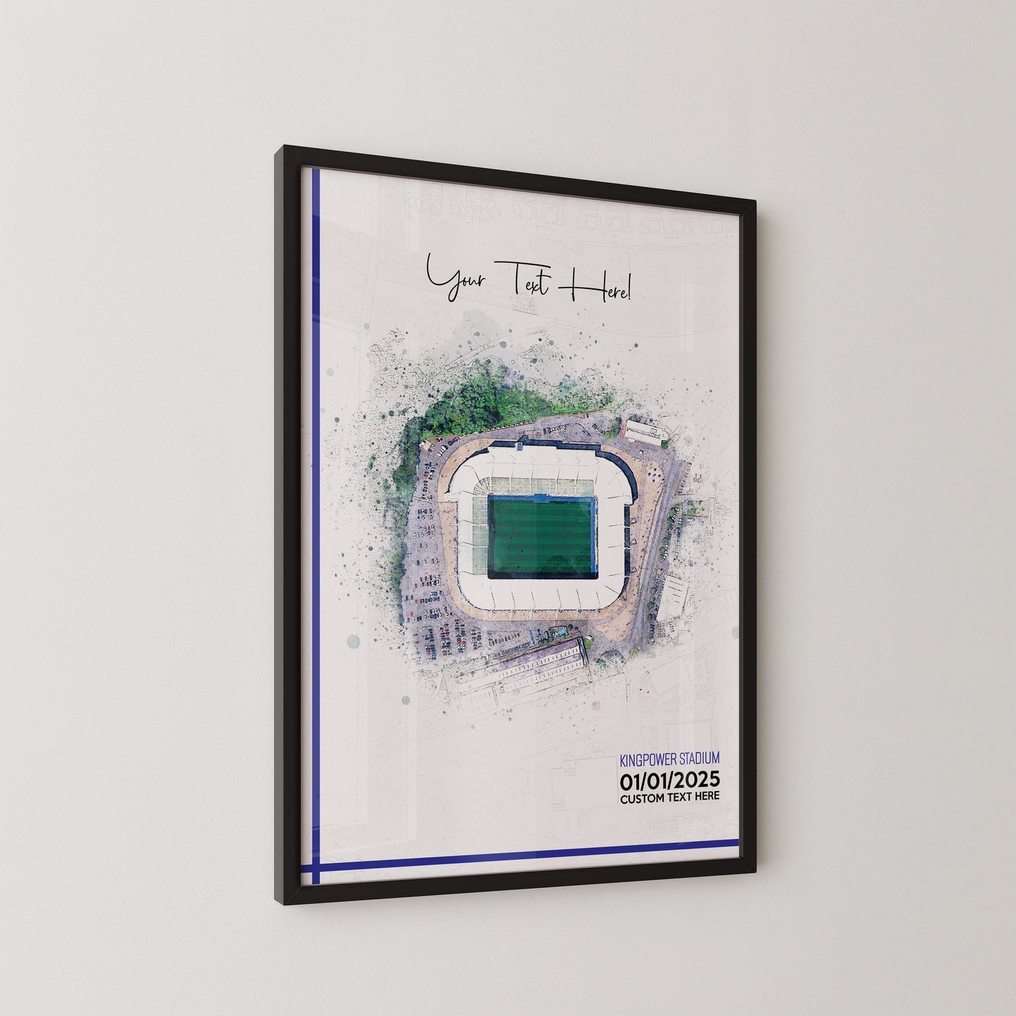 Leicester, 'King Power Stadium' Football Stadium Poster Artwork, Personalised Watercolour Art Print, Custom Aerial Layout - Framing options available ANY STADIUM Worldwide.