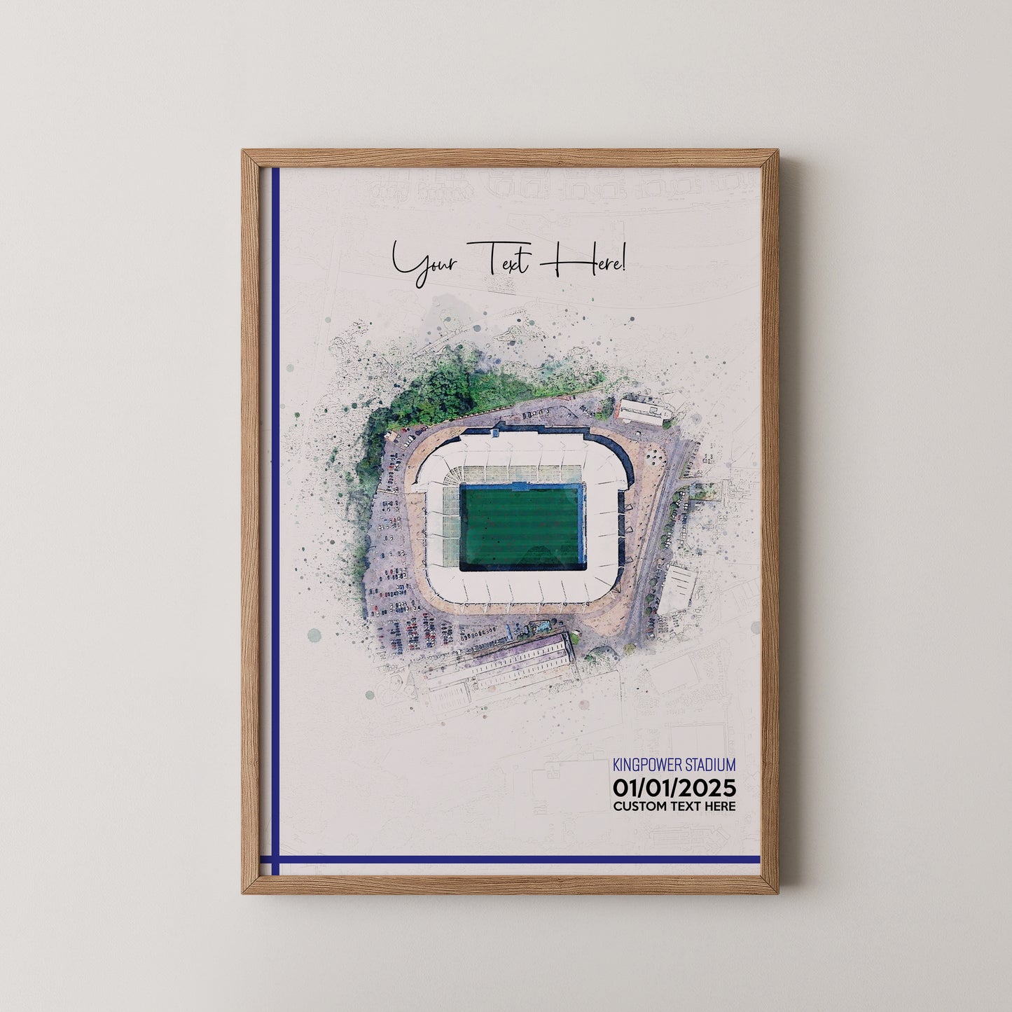 Leicester, 'King Power Stadium' Football Stadium Poster Artwork, Personalised Watercolour Art Print, Custom Aerial Layout - Framing options available ANY STADIUM Worldwide.