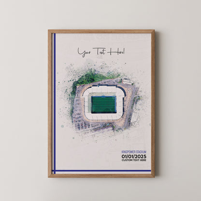 Leicester, 'King Power Stadium' Football Stadium Poster Artwork, Personalised Watercolour Art Print, Custom Aerial Layout - Framing options available ANY STADIUM Worldwide.