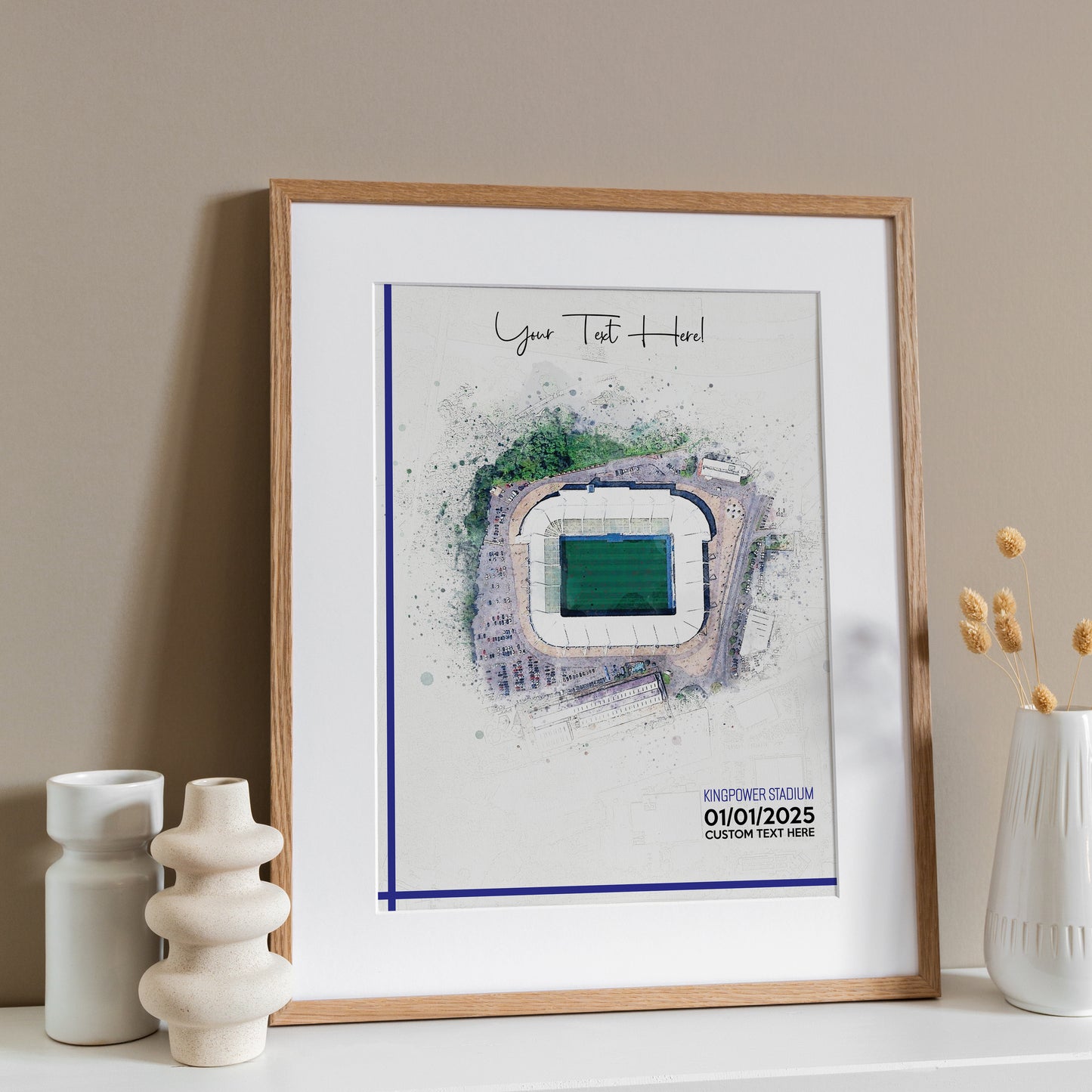Leicester, 'King Power Stadium' Football Stadium Poster Artwork, Personalised Watercolour Art Print, Custom Aerial Layout - Framing options available ANY STADIUM Worldwide.