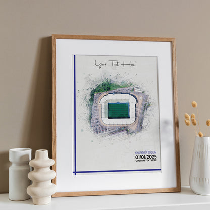 Leicester, 'King Power Stadium' Football Stadium Poster Artwork, Personalised Watercolour Art Print, Custom Aerial Layout - Framing options available ANY STADIUM Worldwide.