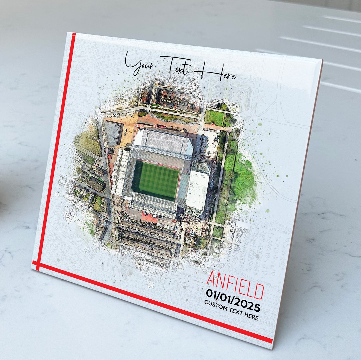 Personalised Football Stadium Aerial Watercolour Style Artwork on Mounted Ceramic Tile