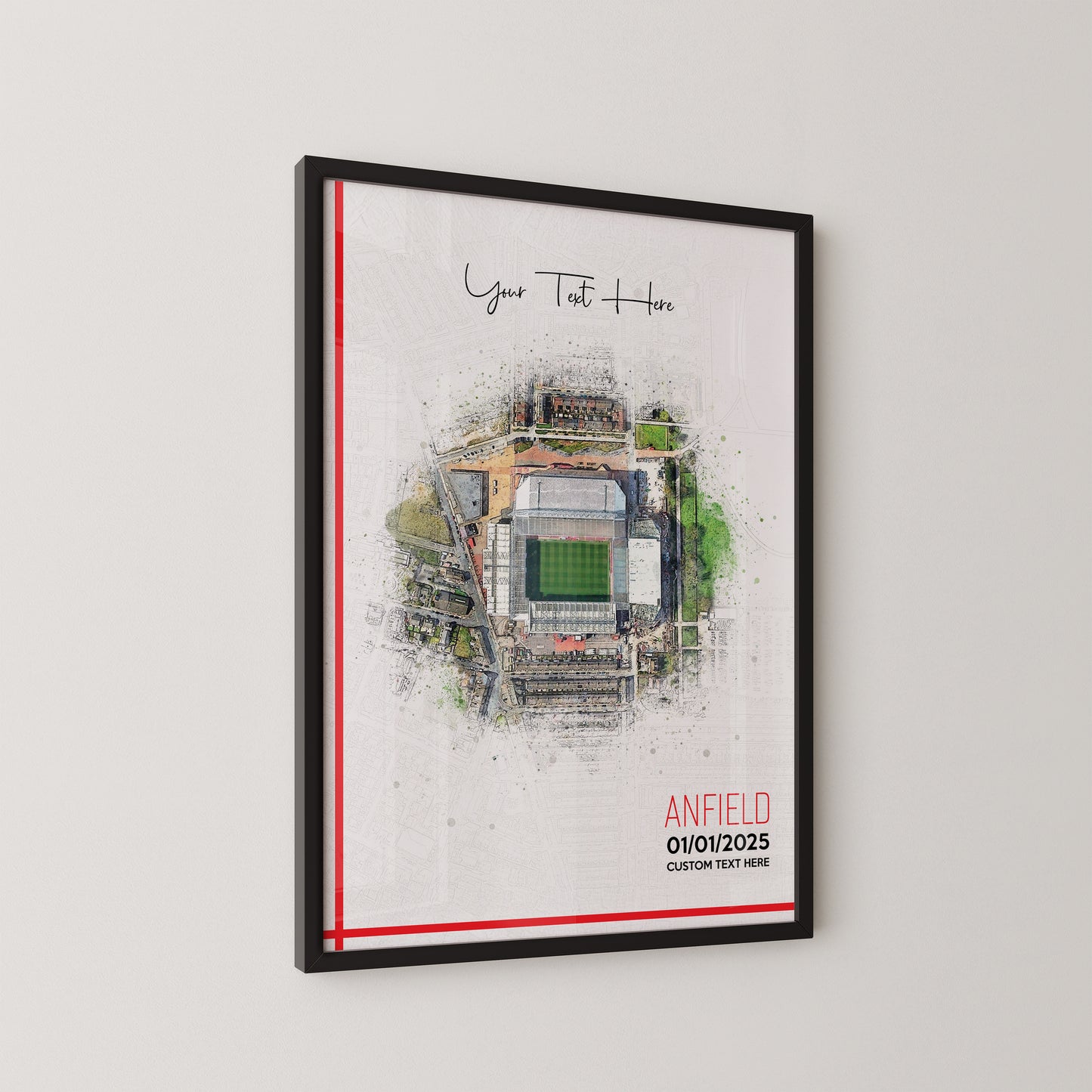 Liverpool, 'Anfield' Football Stadium Poster Artwork, Personalised Watercolour Art Print, Custom Aerial Layout - Framing options available ANY STADIUM Worldwide. (Copy)