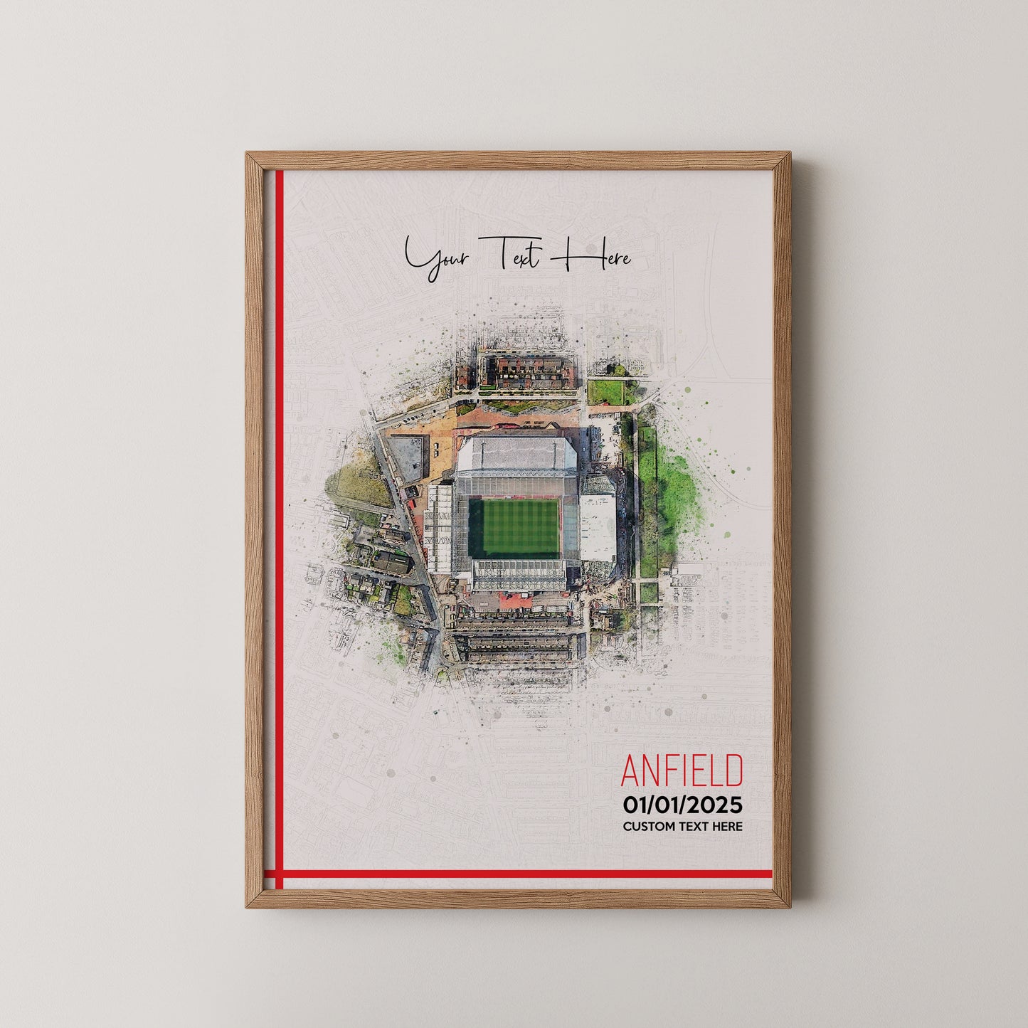 Liverpool, 'Anfield' Football Stadium Poster Artwork, Personalised Watercolour Art Print, Custom Aerial Layout - Framing options available ANY STADIUM Worldwide. (Copy)