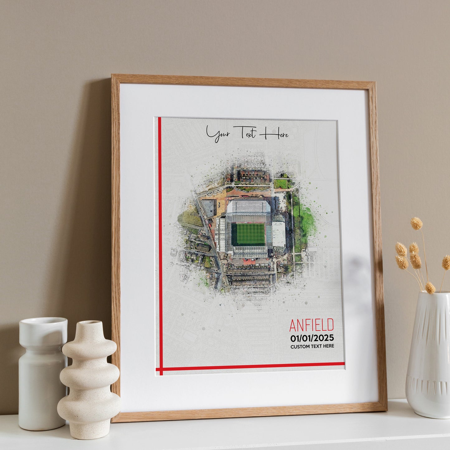 Liverpool, 'Anfield' Football Stadium Poster Artwork, Personalised Watercolour Art Print, Custom Aerial Layout - Framing options available ANY STADIUM Worldwide. (Copy)