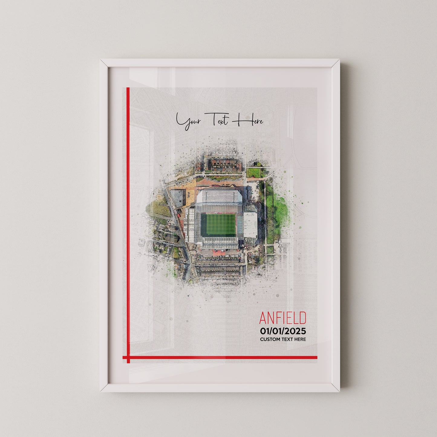Liverpool, 'Anfield' Football Stadium Poster Artwork, Personalised Watercolour Art Print, Custom Aerial Layout - Framing options available ANY STADIUM Worldwide. (Copy)
