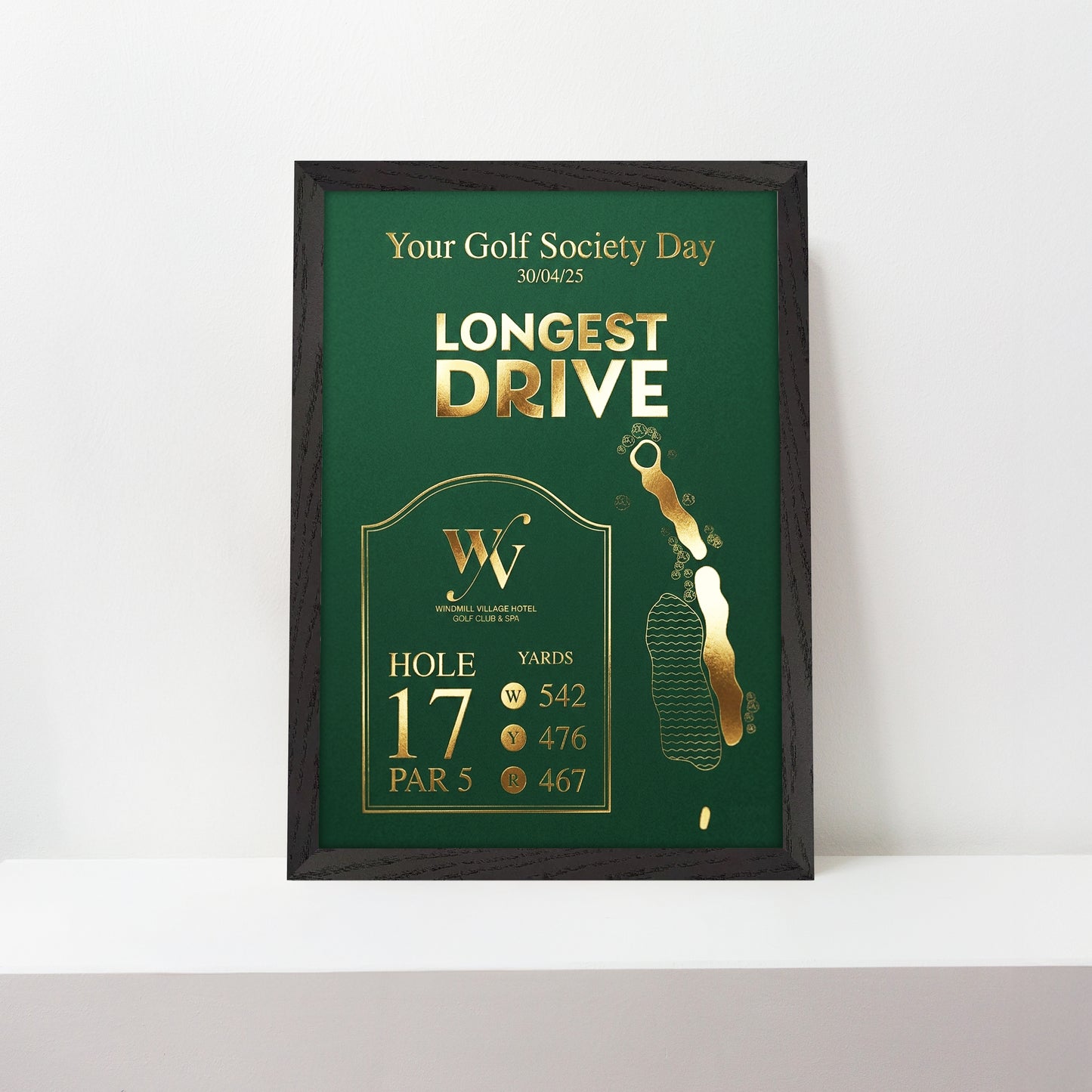 Custom Golf Hole Gold Foil Print Keepsake - The Windmill Village Golf Course, Longest Drive, Nearest the Pin