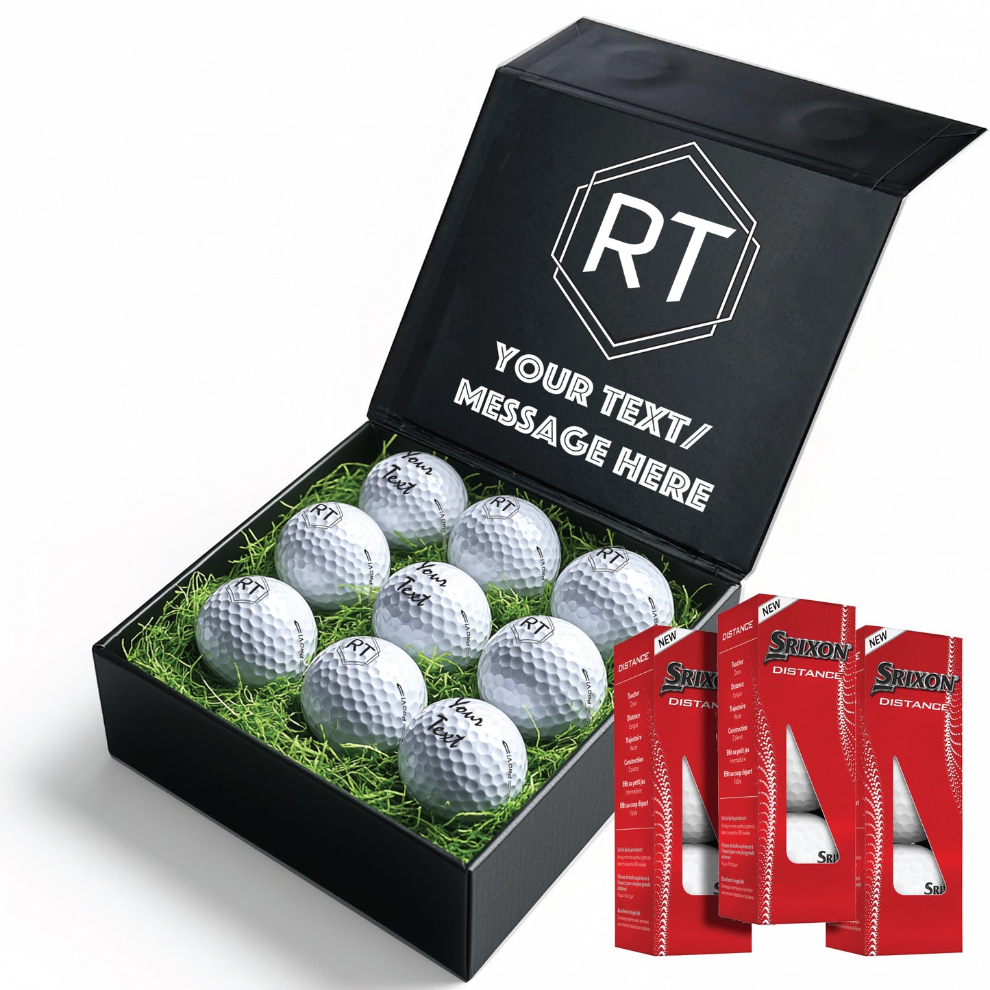 Personalised 9 Golf Ball Set in Customised Box - Your Own Monograms Initials with Branded Balls: Novelty Golfer's Gift, Father's Day, Birthday