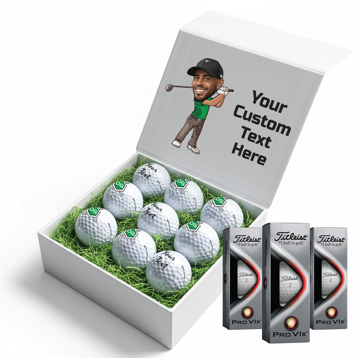 Personalised 9 Golf Ball Set in Customised Box - Your Own Caricature with Branded Balls: Novelty Golfer's Gift, Father's Day, Birthday