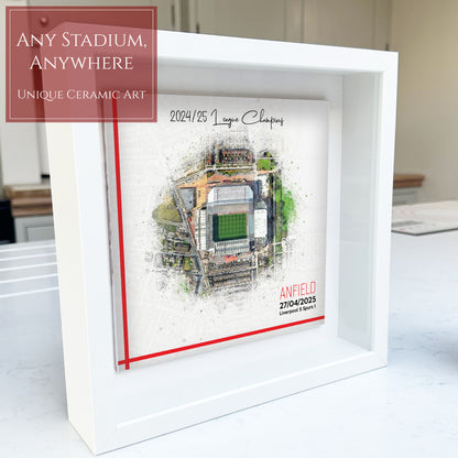 Framed Ceramic Tile Art: Personalised Football Stadium Art Print, Custom Aerial Map - ANY STADIUM Worldwide, Bespoke Text, Football Gift Keepsake