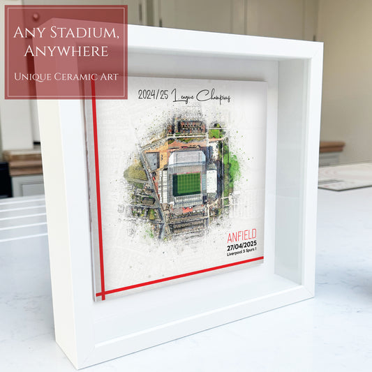 Framed Ceramic Tile Art: Personalised Football Stadium Art Print, Custom Aerial Map - ANY STADIUM Worldwide, Bespoke Text, Football Gift Keepsake