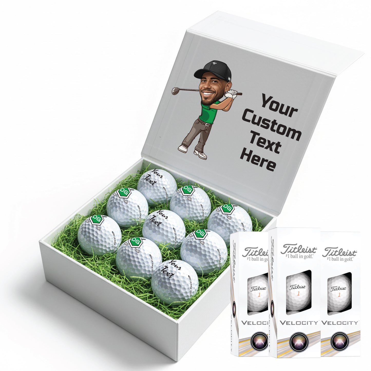 Personalised 9 Golf Ball Set in Customised Box - Your Own Caricature with Branded Balls: Novelty Golfer's Gift, Father's Day, Birthday