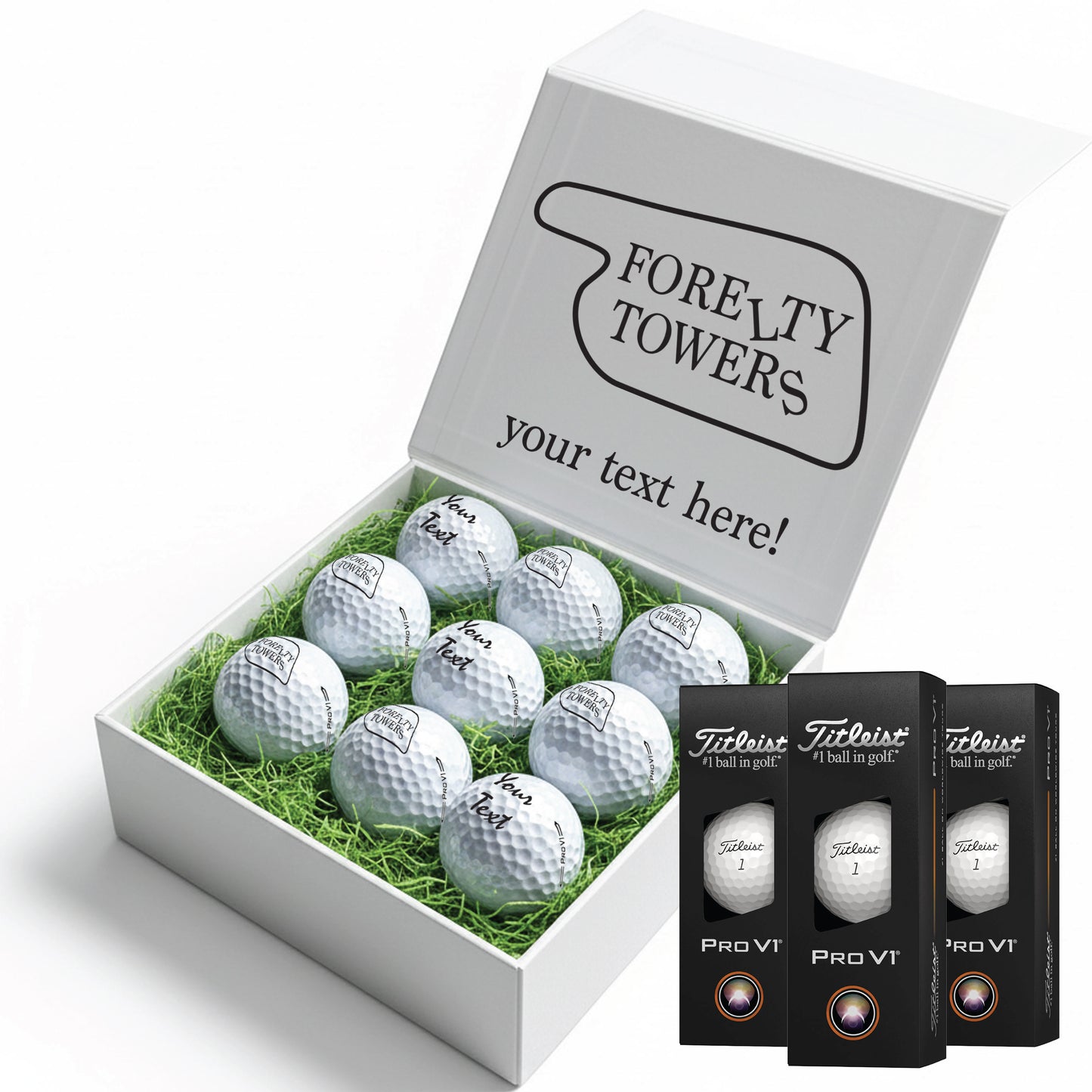 Forelty Towers Themed: Personalised Branded 9 Golf Ball Set in Customised Box - Golfer's Gift, Father's Day, Wedding Favour, Birthday, Fawlty Towers