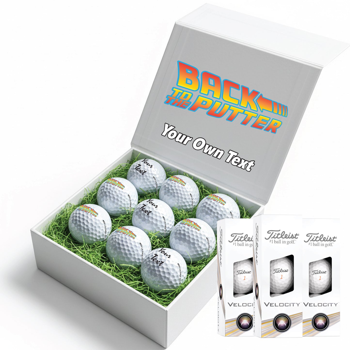 BACK TO THE PUTTER!: Personalised Branded 9 Golf Ball Set in Customised Box - Back to the Future Novelty Movie Terminator Themed Golfer's Gift, Father's Day, Retirement, Birthday