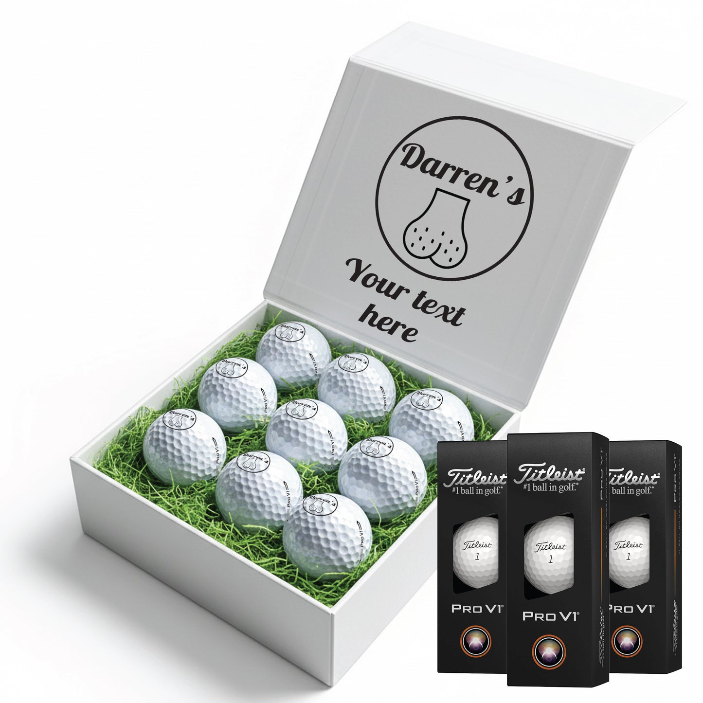 Personalised 9 Golf Ball Set in Customised Box - Joke Novelty "Custom Name's Balls!" with Branded Balls: Novelty Golfer's Gift, Father's Day, Birthday