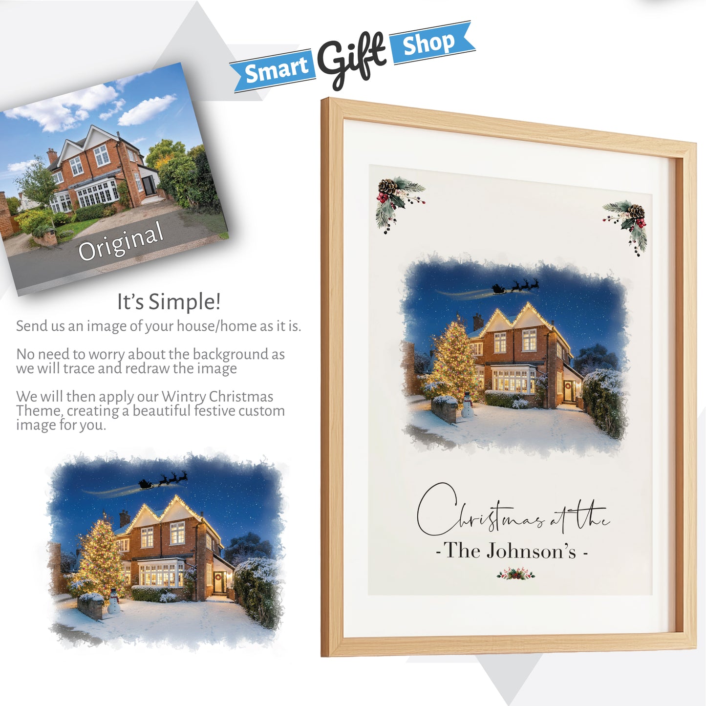 Custom Christmas Home/House Watercolour Scene Personalised Welcome Artwork. Framed or Unframed Print Various Sizes