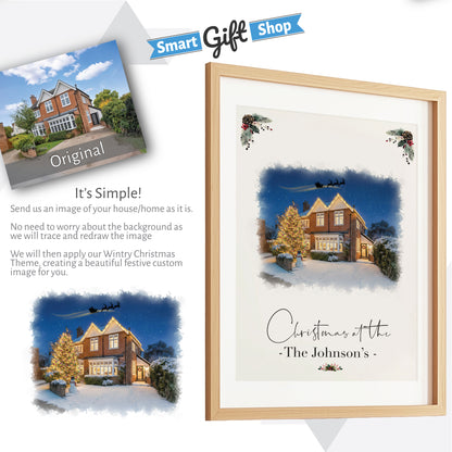 Custom Christmas Home/House Watercolour Scene Personalised Welcome Artwork. Framed or Unframed Print Various Sizes