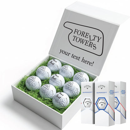 Forelty Towers Themed: Personalised Branded 9 Golf Ball Set in Customised Box - Golfer's Gift, Father's Day, Wedding Favour, Birthday, Fawlty Towers