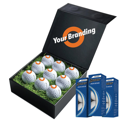Personalised 9 Golf Ball Gift Set with Custom Branded Box | Corporate Golf Day & Company Logo Gifts