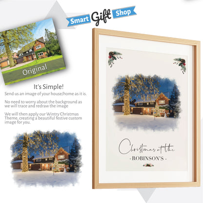 Custom Christmas Home/House Watercolour Scene Personalised Welcome Artwork. Framed or Unframed Print Various Sizes