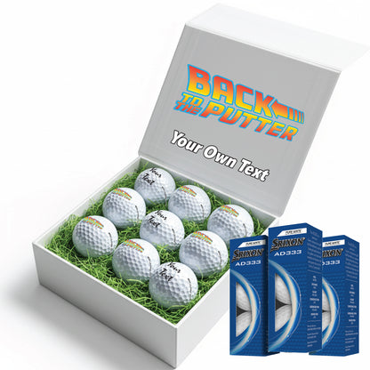 BACK TO THE PUTTER!: Personalised Branded 9 Golf Ball Set in Customised Box - Back to the Future Novelty Movie Terminator Themed Golfer's Gift, Father's Day, Retirement, Birthday