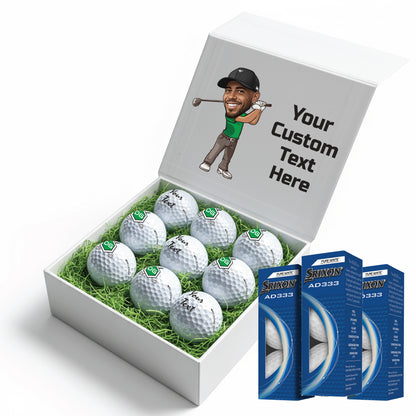 Personalised 9 Golf Ball Set in Customised Box - Your Own Caricature with Branded Balls: Novelty Golfer's Gift, Father's Day, Birthday