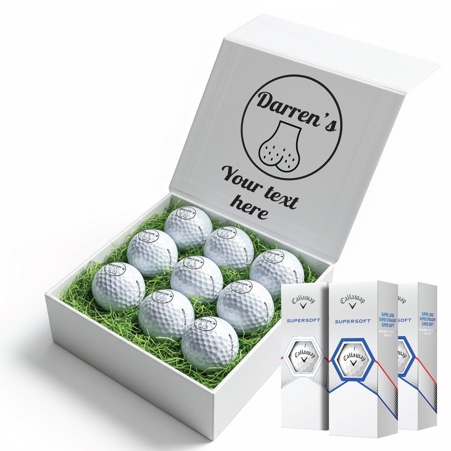 Personalised 9 Golf Ball Set in Customised Box - Joke Novelty "Custom Name's Balls!" with Branded Balls: Novelty Golfer's Gift, Father's Day, Birthday