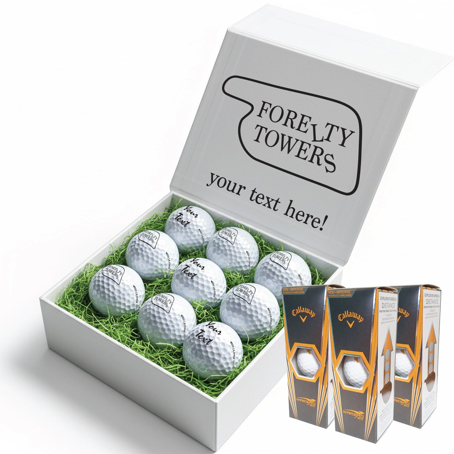 Forelty Towers Themed: Personalised Branded 9 Golf Ball Set in Customised Box - Golfer's Gift, Father's Day, Wedding Favour, Birthday, Fawlty Towers