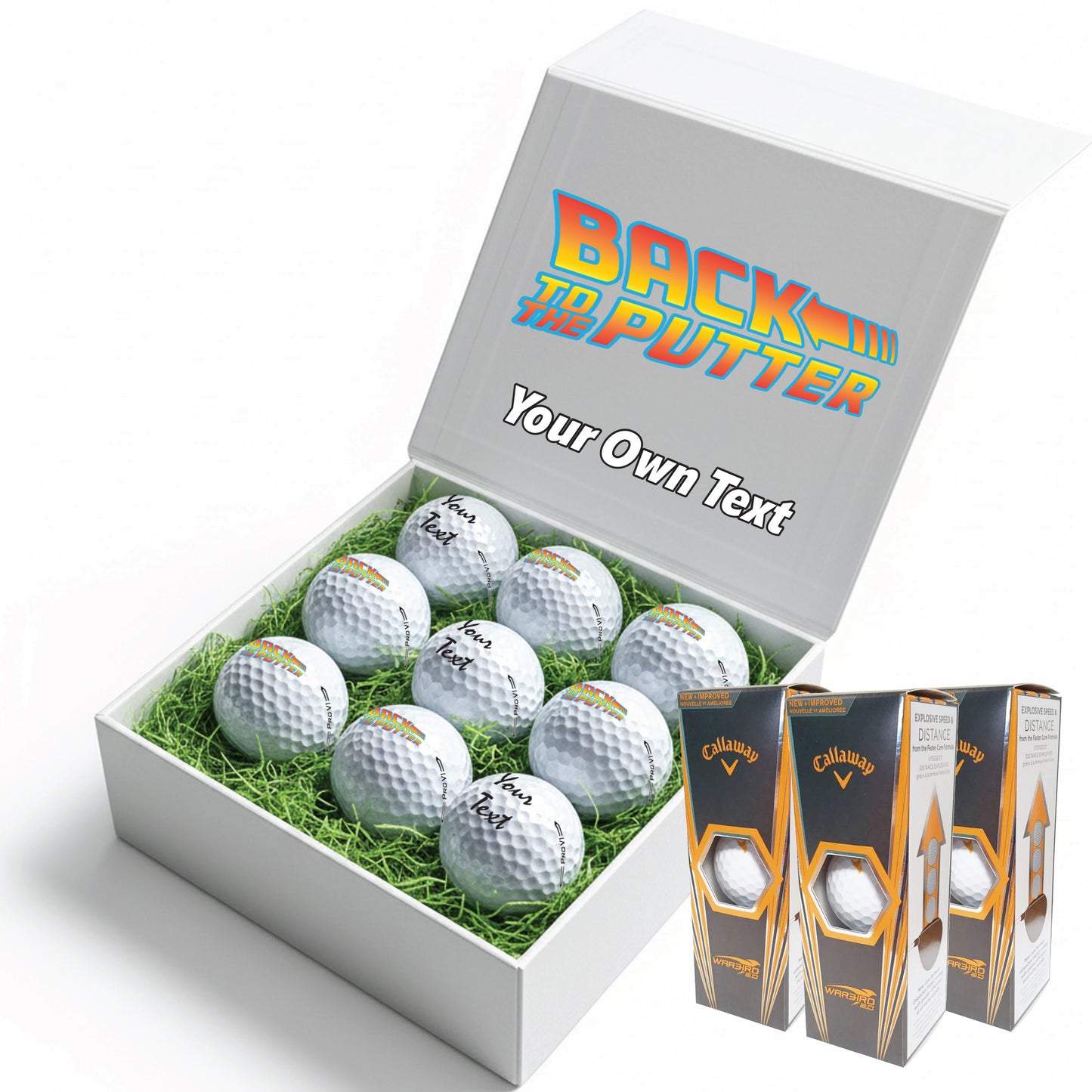 BACK TO THE PUTTER!: Personalised Branded 9 Golf Ball Set in Customised Box - Back to the Future Novelty Movie Terminator Themed Golfer's Gift, Father's Day, Retirement, Birthday